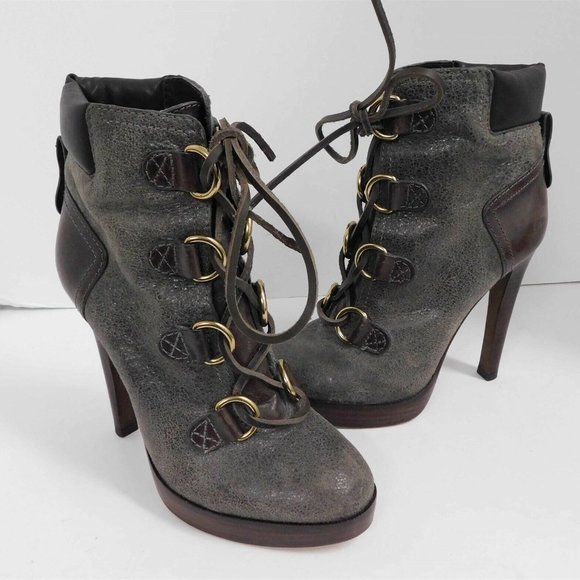 Tory Burch Lawson Bootie Pewter Brown‎ Leather Platform Stiletto Ankle Boots 7 M - Picture 2 of 7